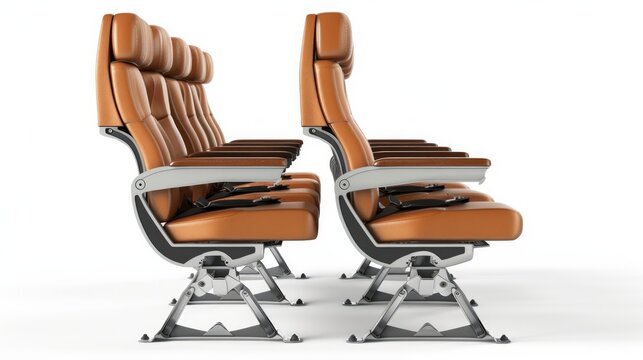 A 3D graphic showcases passenger aircraft seats featuring leather armrests from a side view perspective