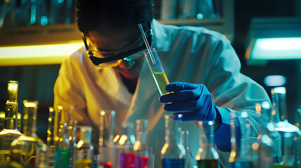 Cientista em laboratório segurando tubo de ensaio com líquido colorido com equipamentos...