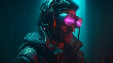 Naklejka premium cyberpunk man wearing a futuristic headset, neon virtual glasses, and cyberpunk gear