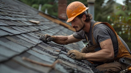 A man fixing a roof on a house. - obrazy, fototapety, plakaty