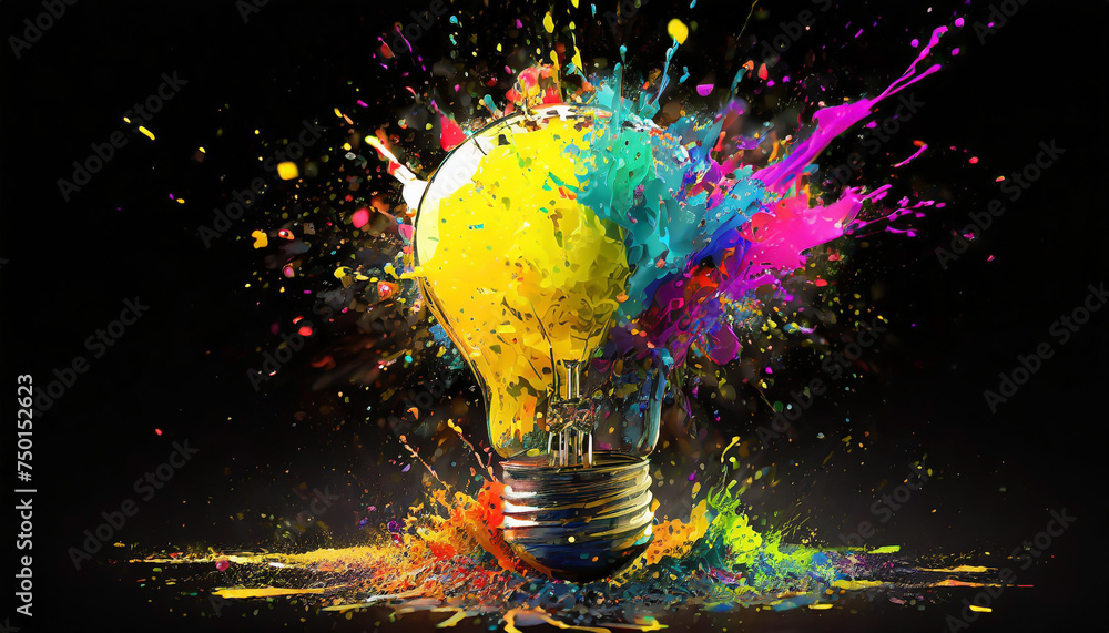 Poster creative light bulb explodes with colorful paint and splashes on a black background. think different