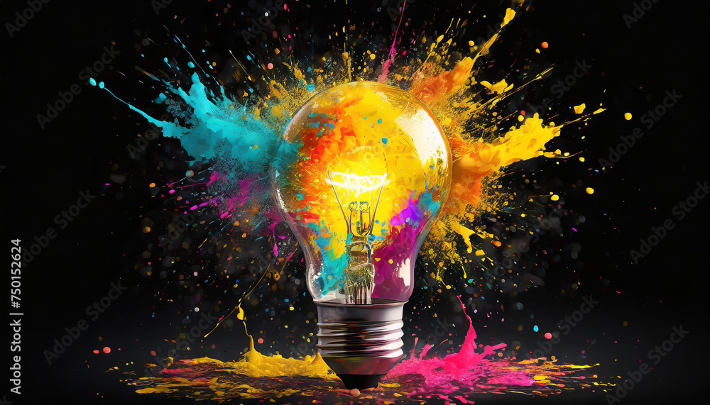Poster creative light bulb explodes with colorful paint and splashes on a black background. think different
