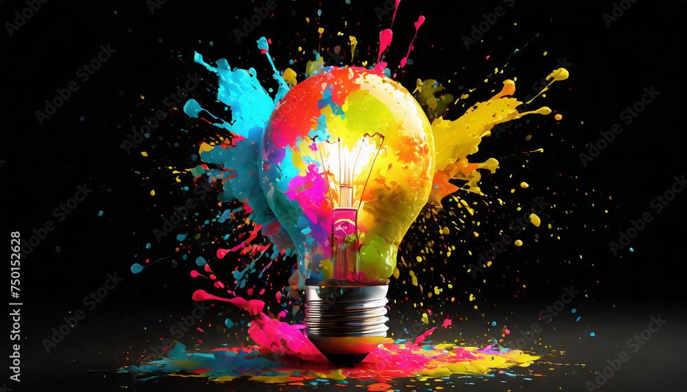 Poster creative light bulb explodes with colorful paint and splashes on a black background. think different