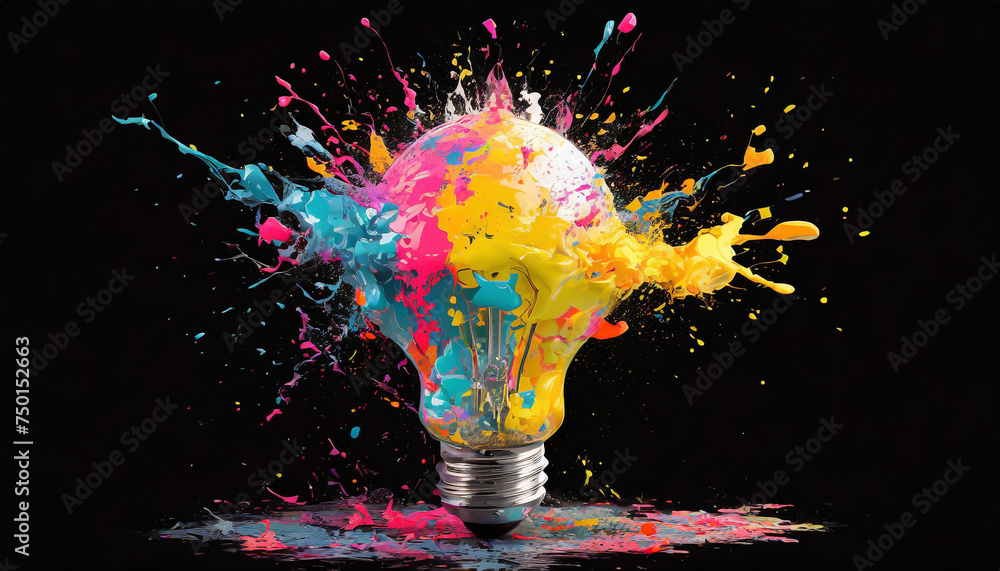 Poster creative light bulb explodes with colorful paint and splashes on a black background. think different