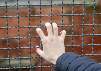 young person's hand on the metal border separation fence and the building wall intentionally...