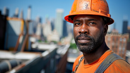 Construction worker wearing a helmet at a work site.