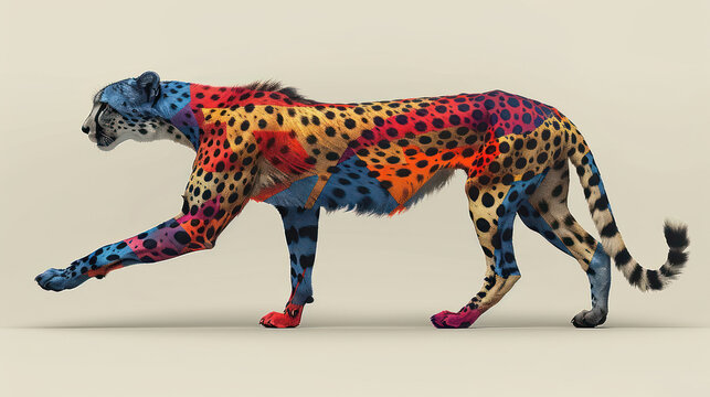 a multicolored cheetah is walking on a white background with a gray background and a light gray background.