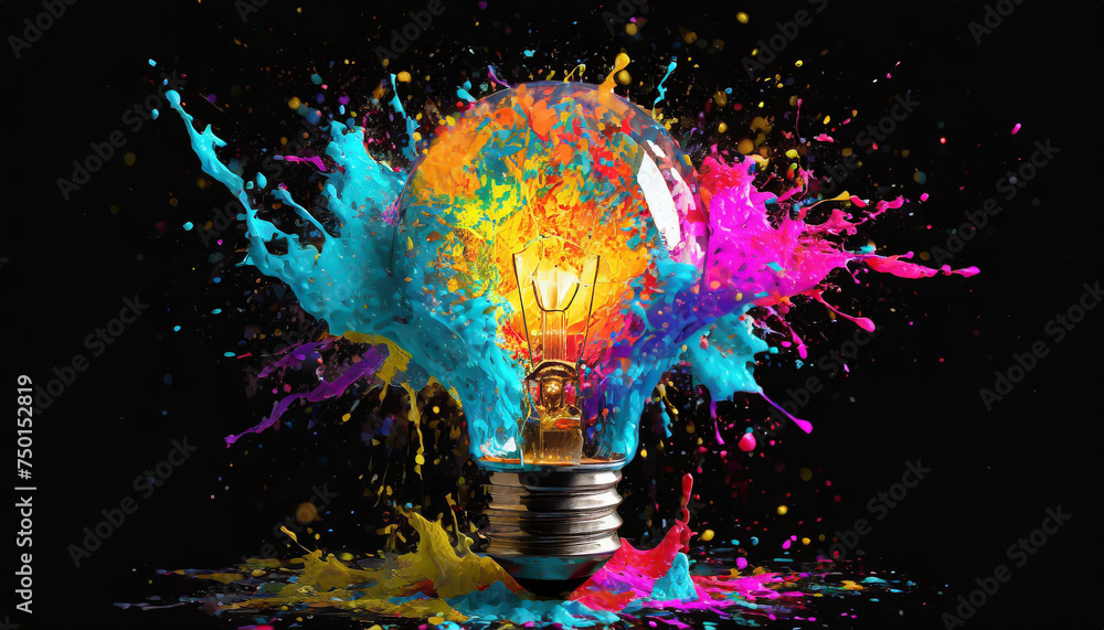 Poster creative light bulb explodes with colorful paint and splashes on a black background. think different