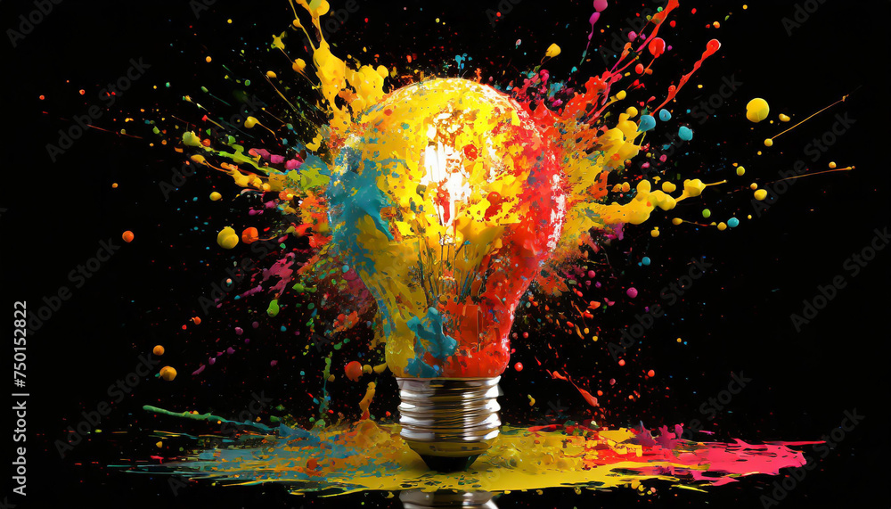 Wall mural Creative light bulb explodes with colorful paint and splashes on a black background. Think differently creative idea concept