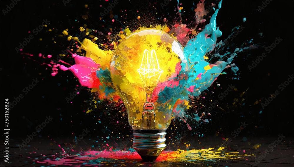 Poster creative light bulb explodes with colorful paint and splashes on a black background. think different