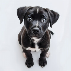 A young black puppy with shiny coat and attentive eyes sits calmly, looking up with a curious expression. 