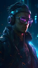 cyberpunk man wearing a futuristic headset, neon virtual glasses, and cyberpunk gear