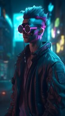 cyberpunk man wearing a futuristic headset, neon virtual glasses, and cyberpunk gear