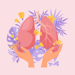 Lung health support and care, pulmonology checkup and therapy for respiratory disease. Hands holding healthy human lungs in blooming tropical flowers, plants to protect cartoon vector illustration