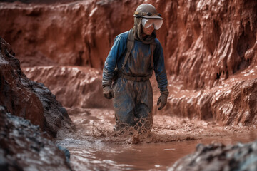 Gold rush. Gold Miner during gold mining. Miner is Digging up for Treasure worth millions dollar from Huge Nugget.