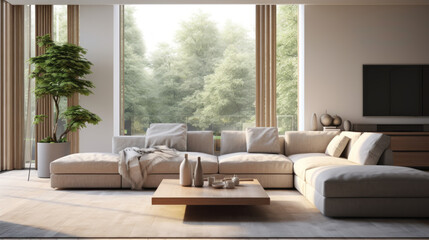 A modern living room with a comfortable couch, Smart Home features