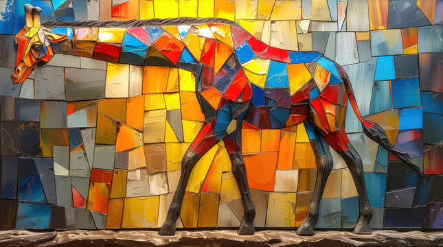 a picture of a horse made out of different colored pieces of mosaic glass