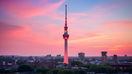 Fototapeta na wymiar Enchanting Sunset View of BT Tower Dominating Metropolitan Skyline: A Dramatic Blend of Architecture and Nature