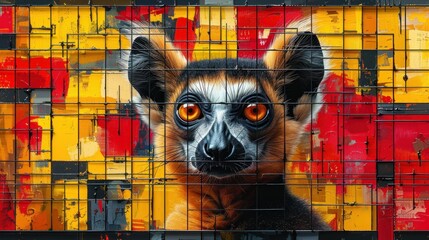 a close up of a cage with a painting of a dog's face on the side of the cage. - obrazy, fototapety, plakaty