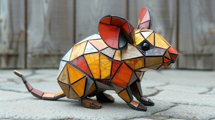 a stained glass rat sitting on top of a cobblestone ground in front of a wooden fence with a wooden slatted fence in the background. - obrazy, fototapety, plakaty