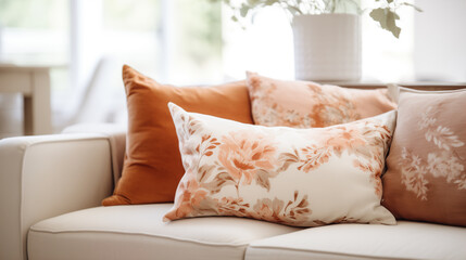 Fototapeta na wymiar Close-Up View of a White Couch with Elegant Terracotta Floral Cushions