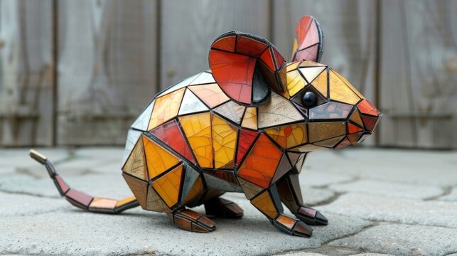 a stained glass rat sitting on top of a cobblestone ground in front of a wooden fence with a wooden slatted fence in the background.