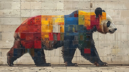 a painting of a bear with a multicolored pattern on it's body, walking in front of a wall.