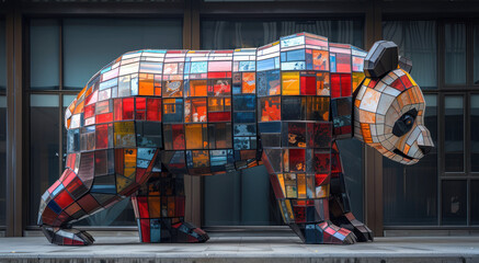 a sculpture of a bear made out of multicolored squares of different shapes and sizes, standing in front of a building. - obrazy, fototapety, plakaty