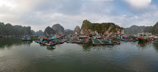 Panorama of a floating fishing village near the rocky islands in Halong Bay, Vietnam, Southeast Asia. © Andrey