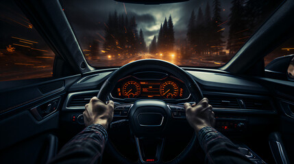 car point of view of person driving on a road at night at high speed  - obrazy, fototapety, plakaty