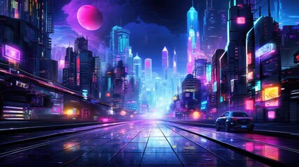 Fototapeta na wymiar A cyberpunk-inspired cityscape at night, illuminated by neon signs and lights, with futuristic cars traversing the vividly colored streets. Resplendent.