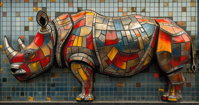 a picture of a rhino on the side of a building that has a mosaic design on the side of it.