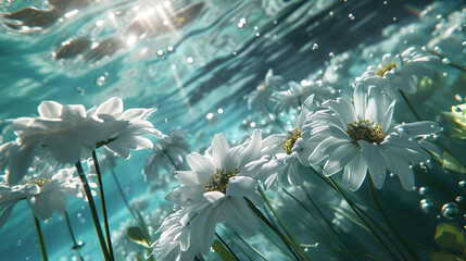 An underwater view capturing the ethereal beauty of 4K HDR fresh flowers gracefully floating in a pool, their petals dancing in the gentle currents, adding a touch of natural elegance to the water.