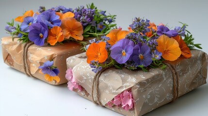 a present wrapped in brown paper with purple and orange flowers on top of it and tied up with twine of twine.