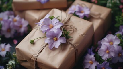 Obraz na płótnie Canvas a group of wrapped presents sitting on top of a lush green field of purple and white flowers on top of a bed of purple and white flowers.
