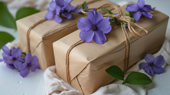 a close up of two wrapped presents with purple flowers on the side of the package and tied with twine of twine.