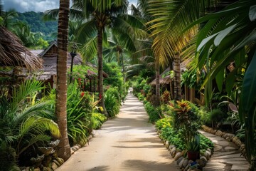 Fototapeta na wymiar A path through a jungle with palm trees and a stone wall