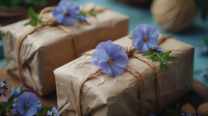 a close up of two wrapped presents with blue flowers on the top of one of them and a ribbon on the bottom of one of the boxes.