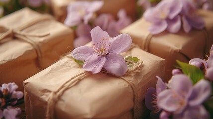 a close up of a bunch of wrapped presents with a flower on the top of one of the wrapped presents.