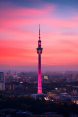 Fototapeta na wymiar Enchanting Sunset View of BT Tower Dominating Metropolitan Skyline: A Dramatic Blend of Architecture and Nature
