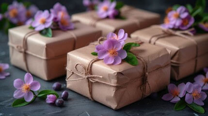 a close up of three wrapped presents with purple flowers on the top of the boxes and on the bottom of the boxes.