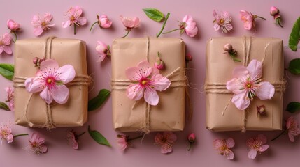 three wrapped presents with pink flowers on a pink background with green leaves and pink flowers on the sides of them.
