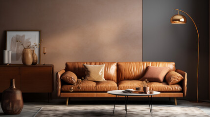 A modern living room with customizable furniture, featuring a brown leather sofa and a gold floor lamp