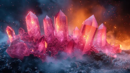 a group of pink crystals sitting on top of a pile of rocks in the middle of a dark, foggy sky.