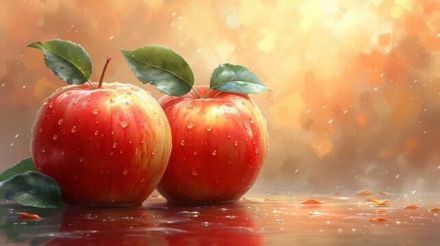a painting of two red apples with green leaves on the top of them and water droplets on the bottom of the apples.