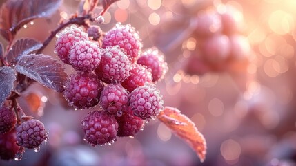 a bunch of raspberries on a tree branch with water droplets on the leaves and the sun shining in the background. - obrazy, fototapety, plakaty