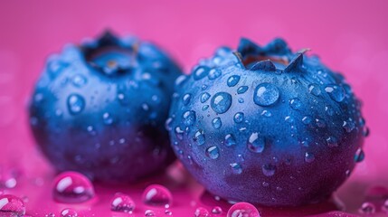 a couple of blueberries sitting on top of a table covered in drops of water on top of a pink surface.