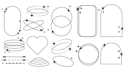 Fototapeta premium Set of Modern minimalist aesthetic line elements, geometric, trendy linear frames with stars, geometric forms. Brutalism design with Y2K style. Geometric element design.