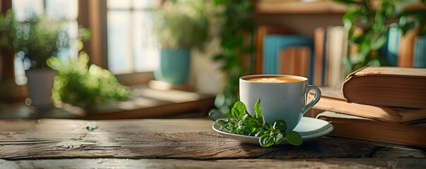 Coffee cup surrounded by books and a plant on rustic table. Concept Coffee, Books, Plant, Rustic Table, Cozy Atmosphere - obrazy, fototapety, plakaty