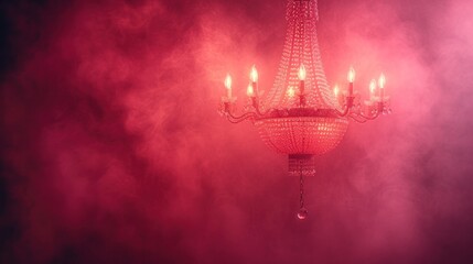 Obraz na płótnie Canvas a chandelier hanging from a ceiling in a dark room with pink smoke coming out of the bottom of the chandelier.